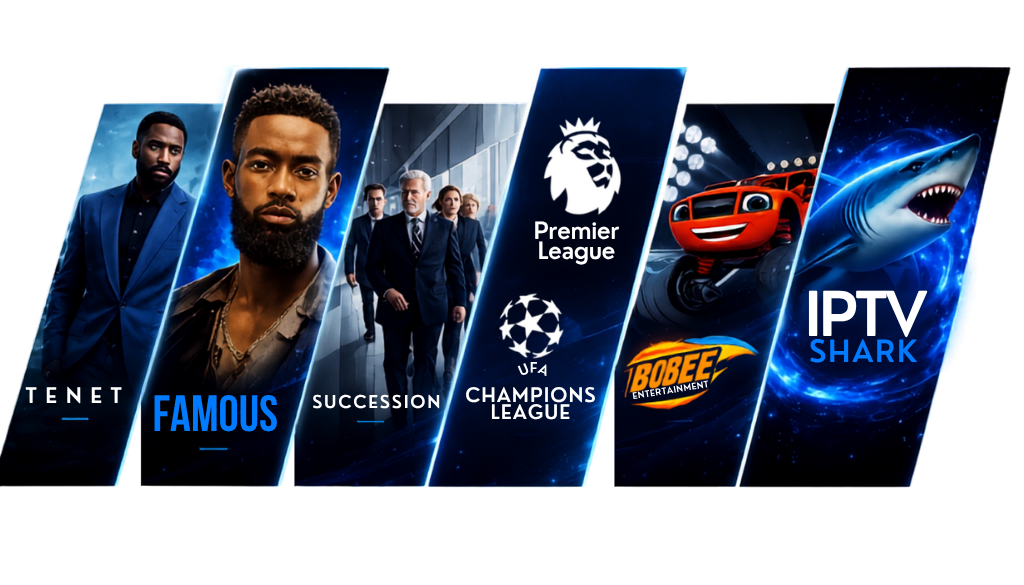 IPTV Shark entertainment banner featuring movies, TV series, Premier League, Champions League, kids content, and 4K streaming with a modern blue and black futuristic design.