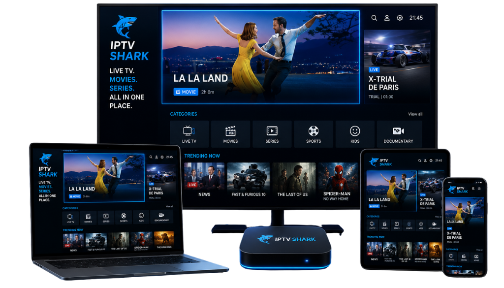 IPTV Shark streaming service displayed across a smart TV, laptop, tablet, smartphone, and streaming box with a modern blue and black interface, highlighting 4K live TV, movies, series, and multi-device compatibility.
