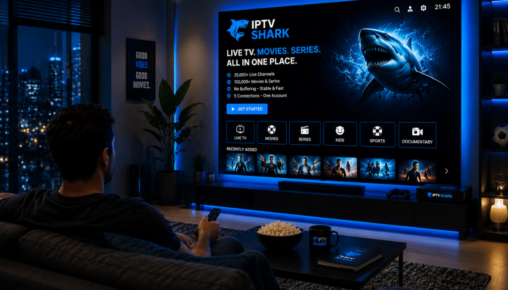 Man relaxing on a sofa watching IPTV Shark on a large smart TV in a modern living room with blue ambient lighting, showcasing live TV, movies, series, sports, and premium 4K streaming.