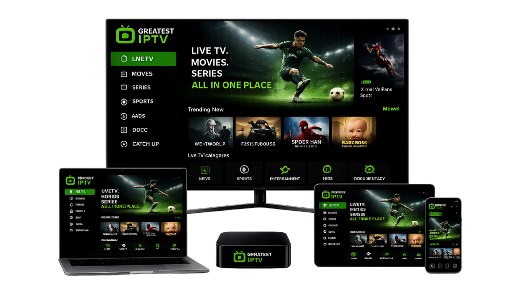 Greatest IPTV multi-device streaming interface displayed on a Smart TV, laptop, Android TV box, tablet, and smartphone, showcasing live TV, sports, movies, and series with seamless cross-device compatibility.