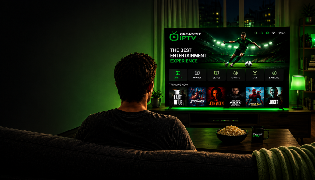 Modern living room with a person watching GREATEST IPTV on a large 4K smart TV with a green and black streaming interface.